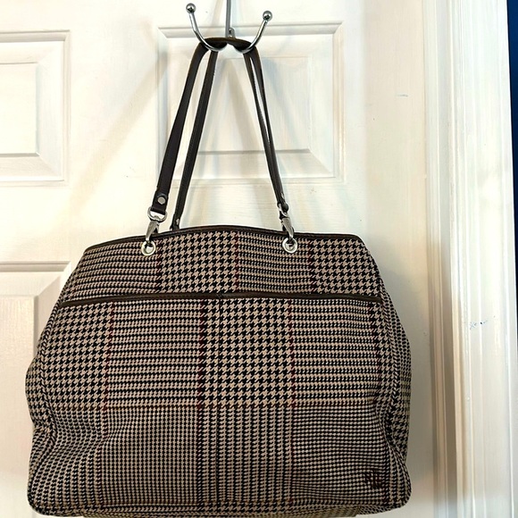 LAUREN RALPH LAUREN Brown & Black Houndstooth Canvas Large Shoulder Purse - Picture 2 of 7